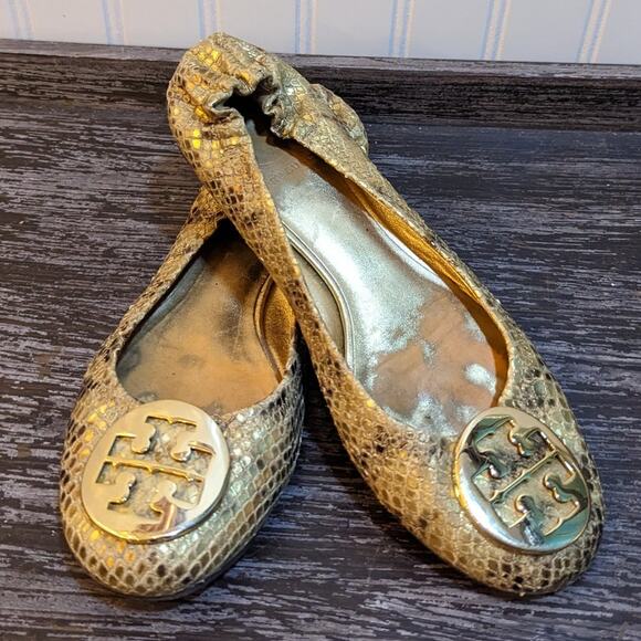 Tory Burch Gold Snakeskin Ballet Flats Size 6.5 - Picture 1 of 4